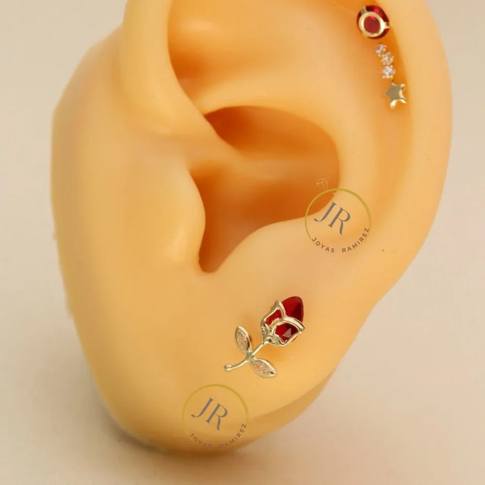 14K Solid Yellow Gold Red Tulip Stud Earrings • Floral Elegance & Passion. - Picture 9 of 11
